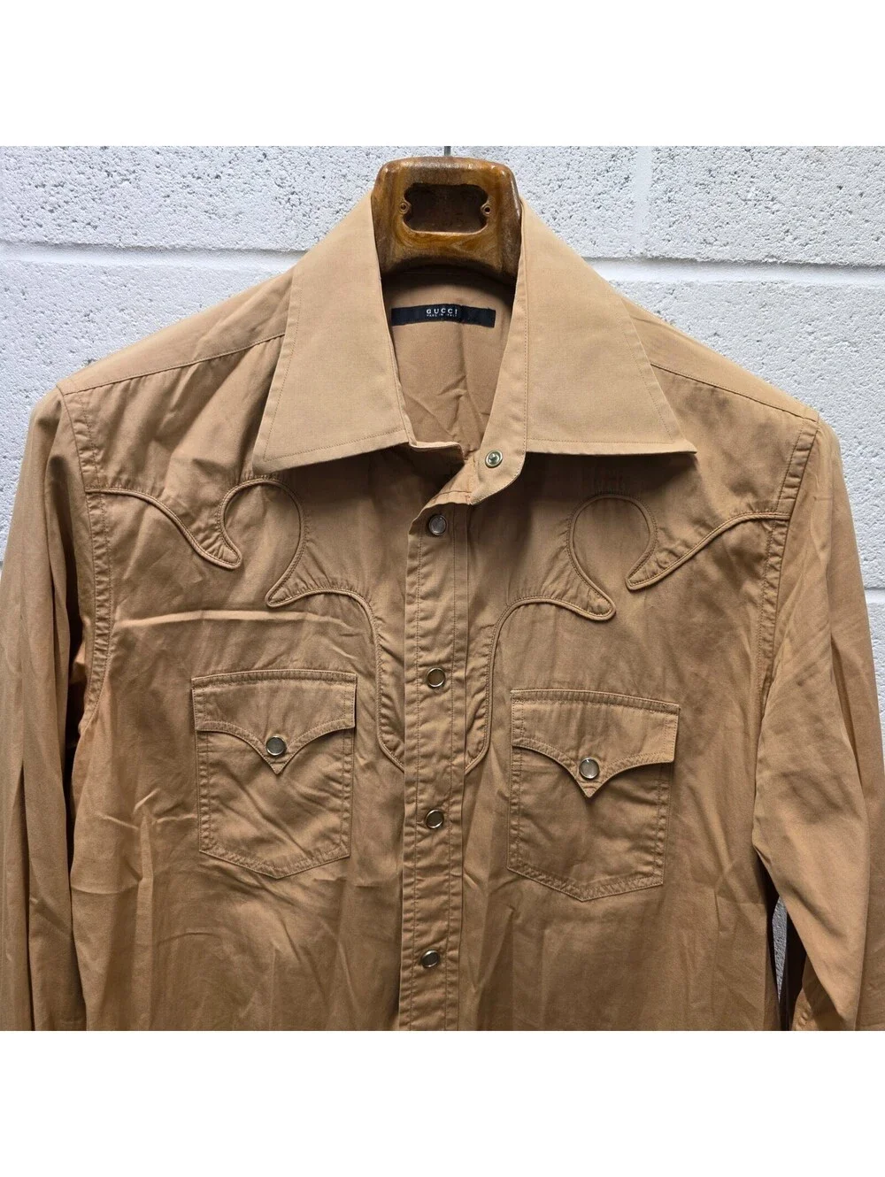 Gucci Vintage Snap button Western Shirt Beige Khaki 44 17.5  XL 22x32 Mens Shirt